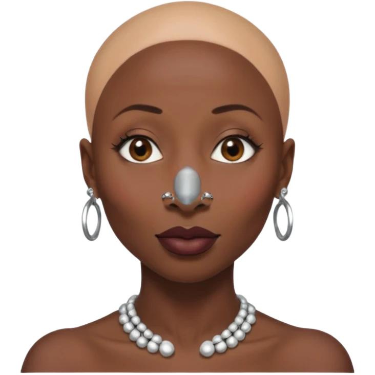 Grown black (proud) woman, bald with a perfect head, a prominent nose with a septum piercing, many piercings on her ears, a gap between her front teeth and very long nails (cynthia erivo) emoji