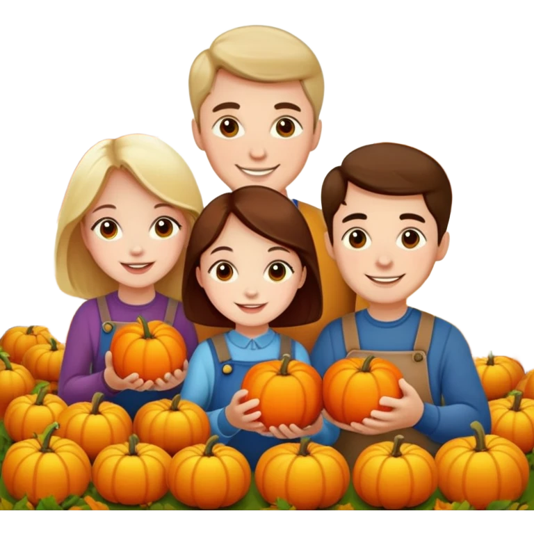 family picking apples and pumpkins together, autumn background, joyful emoji