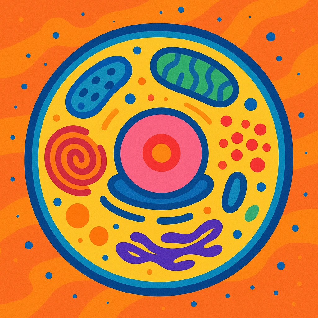 stylized cell illustration with organelles, artistic and abstract, vibrant colors emoji