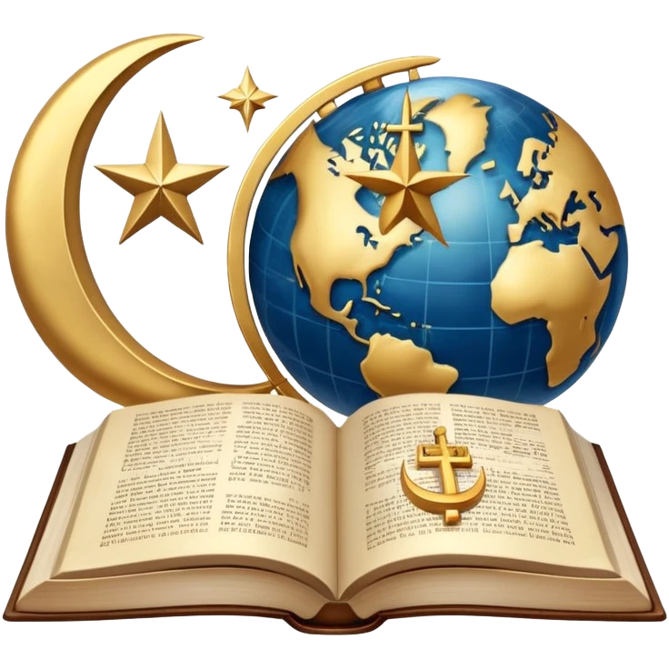 An icon featuring a sacred book, a cross, a crescent moon, and a star, symbolizing the study of religions. The design includes diverse religious symbols and a globe, representing global beliefs and spiritual practices. Transparent background highlights the exploration of faiths and traditions. emoji