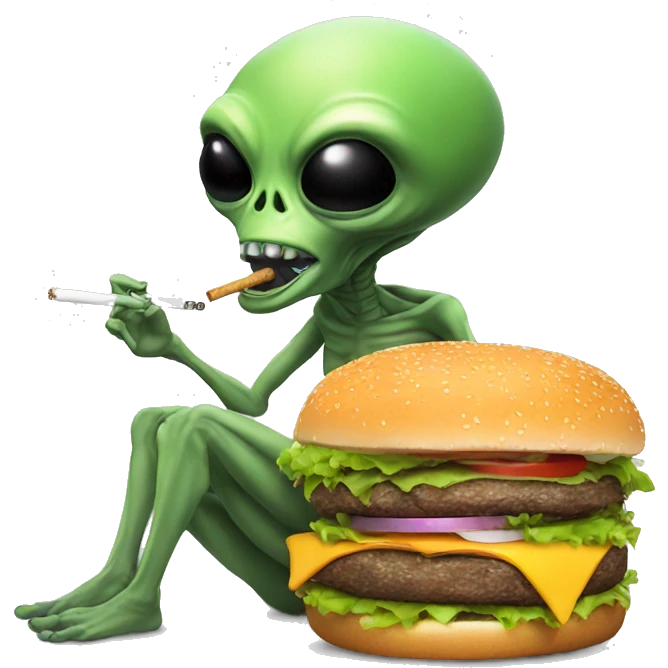 alien smoking a cigarette sitting on a burger emoji