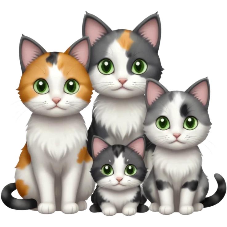 3 different coloured small cats including a dark grey and white, and a patchy calico and a completely solid dark grey with green eyes and only white paws emoji