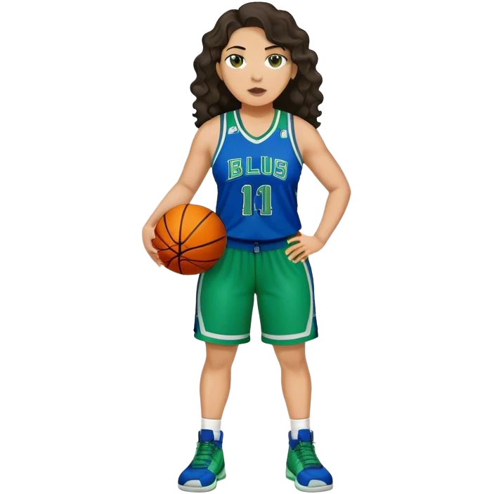 full body plus size light skin latino women basketball player with wavy dark hair large wide nose wearing blue with green uniform emoji