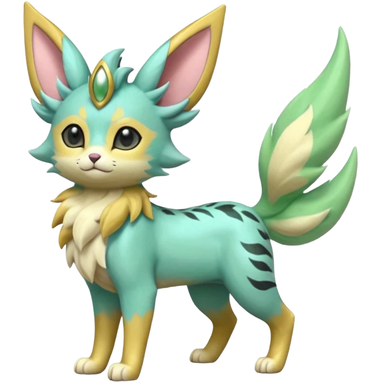 Epic complex detailed pastel minty green, pastel beige yellow pastel realistic aesthetic-scenic-Fakémon-Zorua-Litten-Leafeon-Sylveon-Trico-Sergal-Serval-Vernid-creature (full body) with far wings, shiny sparkly fairycore theme  emoji