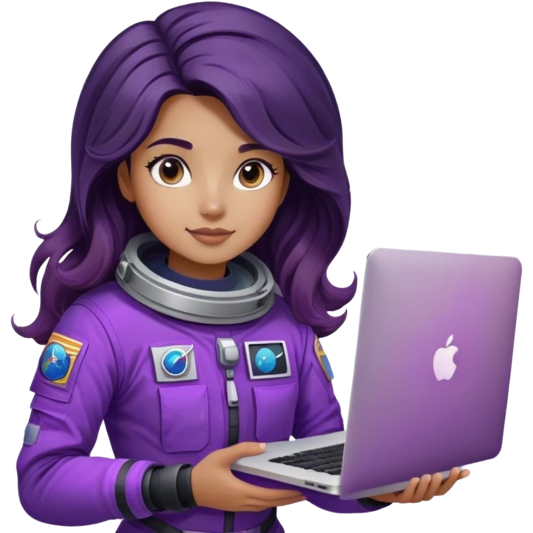 girl astronaut with purple suit, lashes, long ombre black/brown wavy hair and one macbook emoji