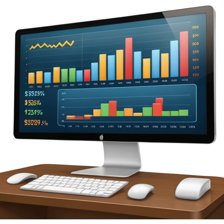 Create a modern desktop computer displaying financial charts and analytics dashboards on the screen. emoji