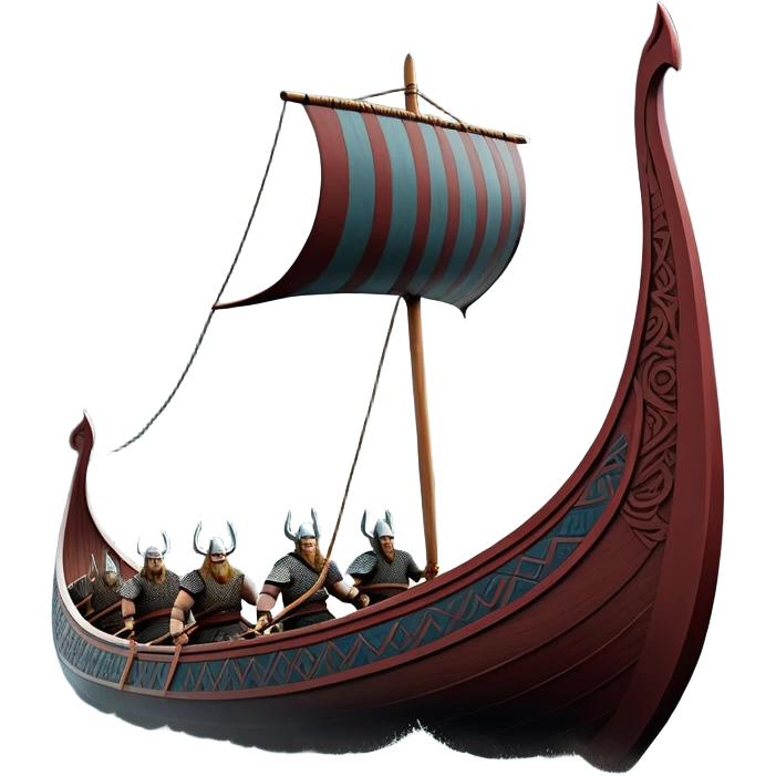 detailed-cinematic-viking-longboat, rendered in a flat, bold vector style with minimal shading, featuring a striking dragon-headed prow slicing through waters. shields on the side and vikings rowing The longboat’s, the boat has carved motifs evoke a sense of epic adventure and Nordic might, with billowing sails catching a dramatic, stormy sky backdrop. emoji