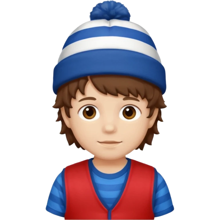 brown fluffy hair kid with blue and white hat dark blue jilet red t shirt emoji