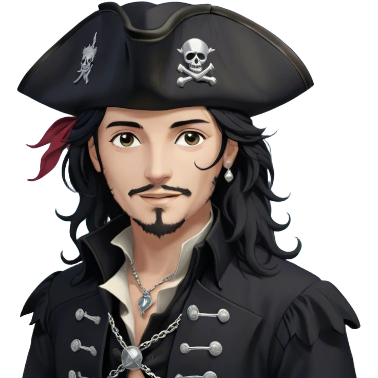 A charismatic pirate with wavy black hair tousled by the sea breeze. His black tricorn hat, embroidered with silver, casts a subtle shadow. Dark eyes glint with mischief as he looks to the side, a knowing smile on his lips. His fitted black coat, adorned with silver buttons, shifts slightly with the wind. A silver chain dangles from his belt emoji