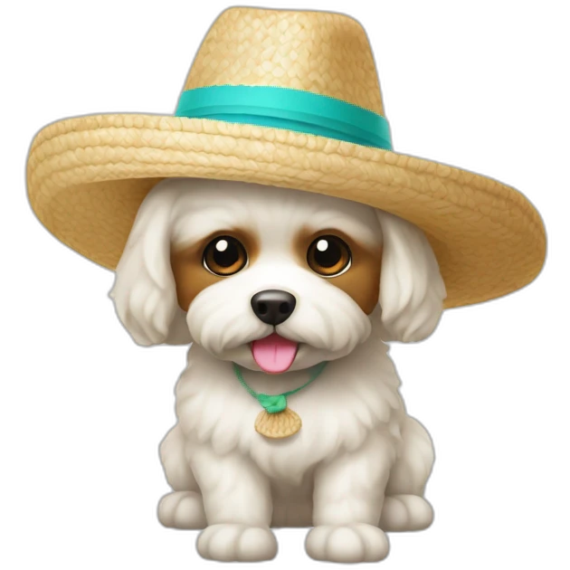 Bichón maltés en la playa y sombrero  emoji