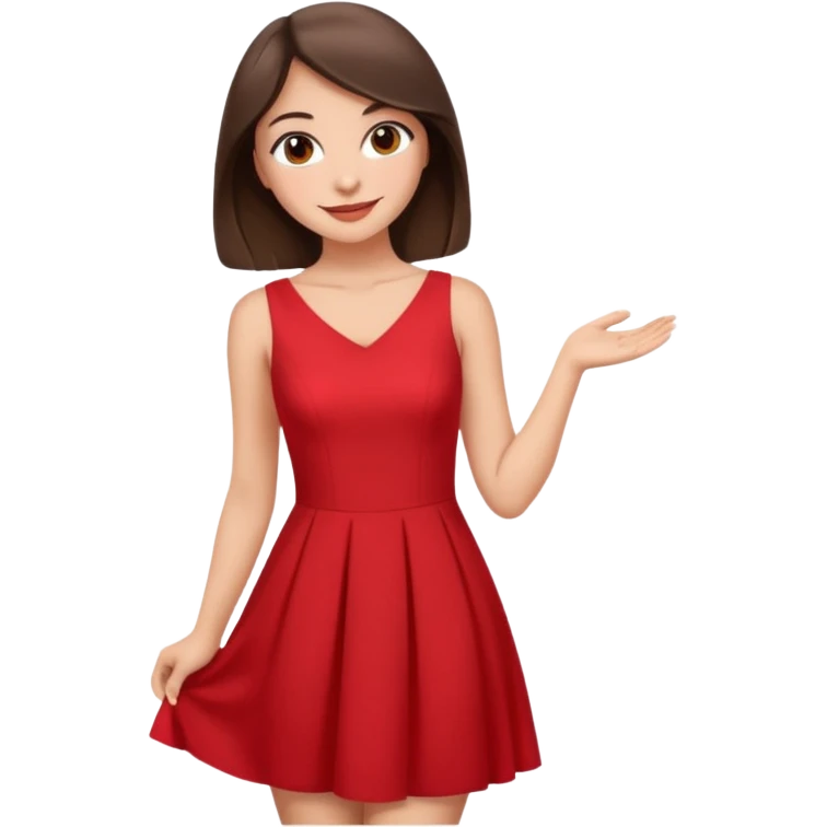 Cartoon emoji of a young brunette woman with fair-medium skin, brown eyes, wearing a red outfit. Full-height, standing confidently in a red dress  posing sexy with a smile and relaxed posture. Smooth, friendly, stylized, make up on, flirty eyes and smile emoji