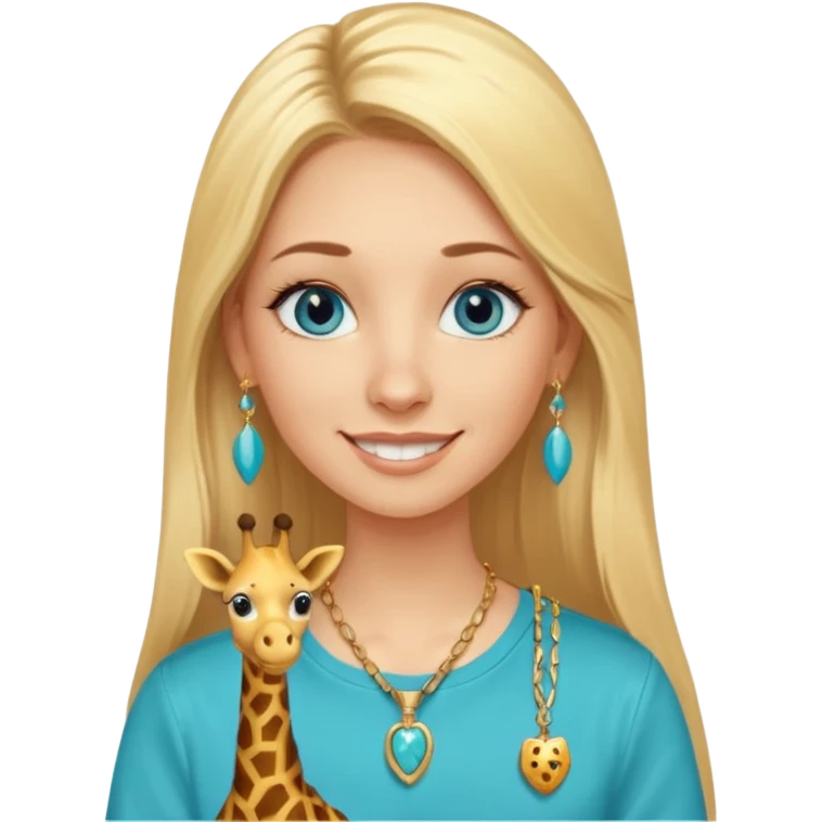 Swedish girl blonde long straigt hair blue eyes turqoise shirt gold earings girrafe necklace gold small long lashes smiling closed mouth emoji