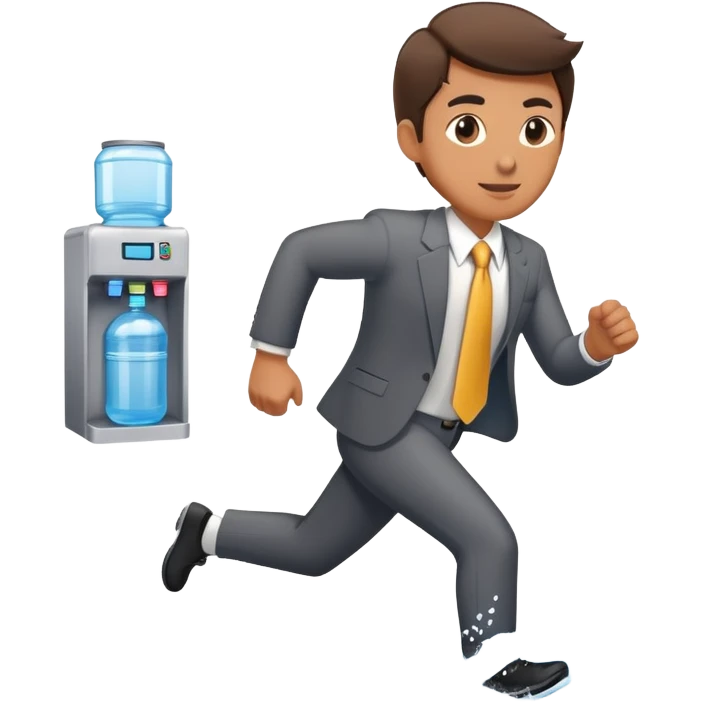 Company director running a marathon in a business suit next to a water cooler emoji