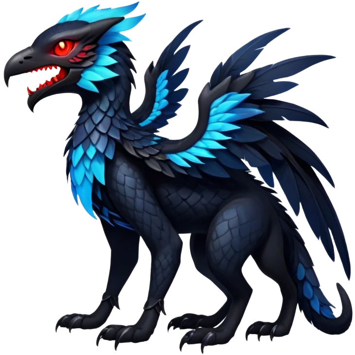 Black Dark Exotic Tropical Beaked Feathery Nocturnal Neon-glowing Abyssal Nightly Abyss-Cat-Gryphon-Salandit-Silvally-akémon Creature (full body) emoji