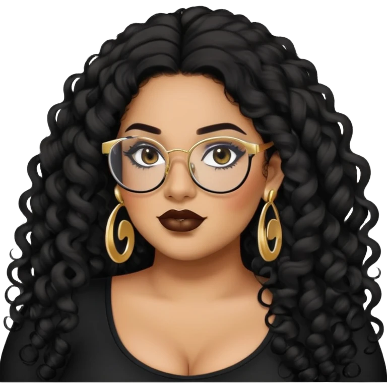 big plus size, latina, darker tan skin, long black curly hair, baddie,pretty, makeup, lipliner, black eyeliner, long hair, gold earrings, black top, black glasses emoji