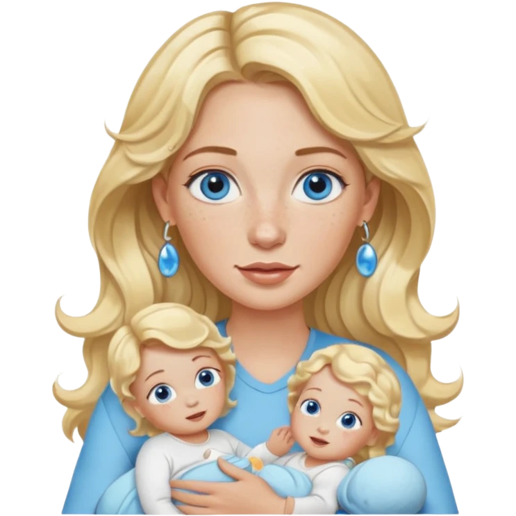 Wavy blonde, white woman with blue eyes, freckles hoop earrings, holding babies emoji