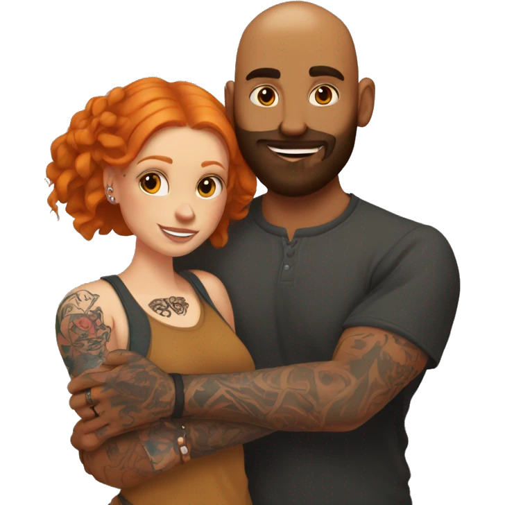 Indian Beard guy with bald head and tattoos on left hand hugging a ginger hair Croatian girl with septum ring and tattoos on right hand  emoji