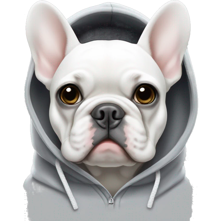 White and grey French bulldog wearing a hoodie emoji