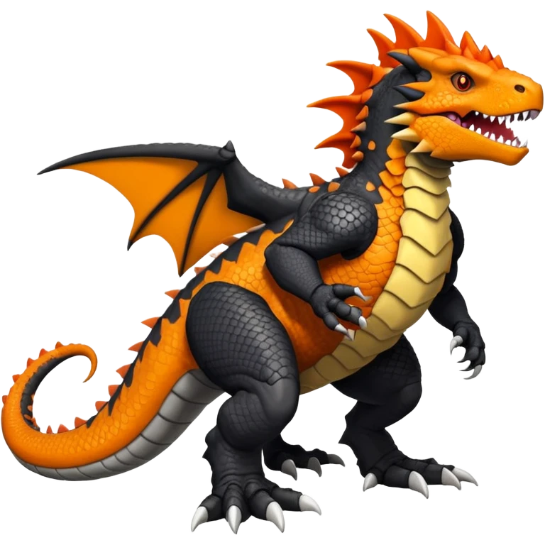 Black Salandit-Tyrunt-Tyrantrum-Greymon-Fakémon-creature-hybrid with orange belly (full body) emoji
