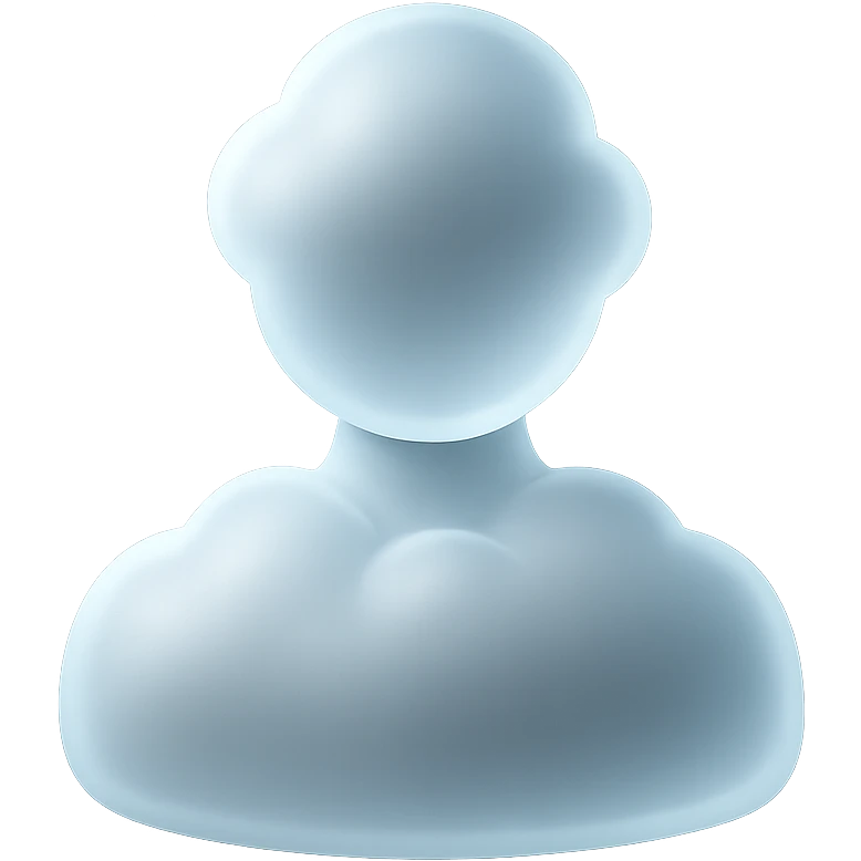 front view, person made of white convex clouds, shoulder up, matte glass style emoji