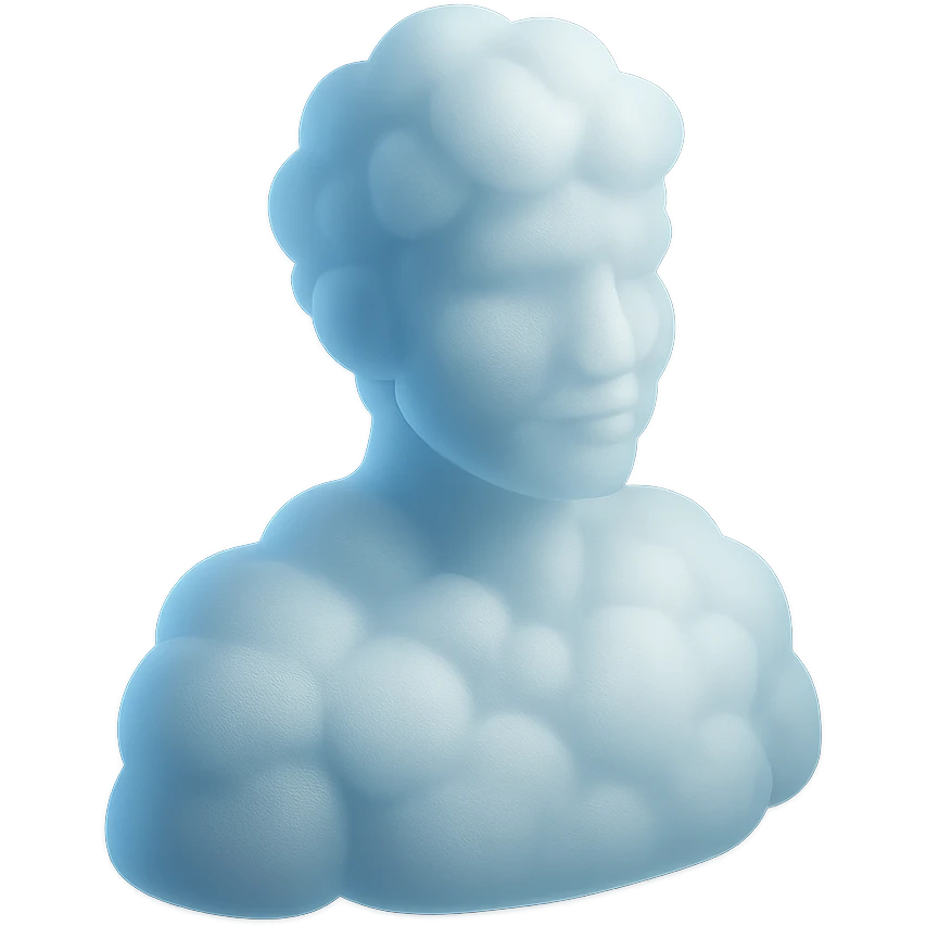 person looking straight, made entirely of white fluffy convex clouds, shoulder up, matte glass style, clouds with slight transparency emoji
