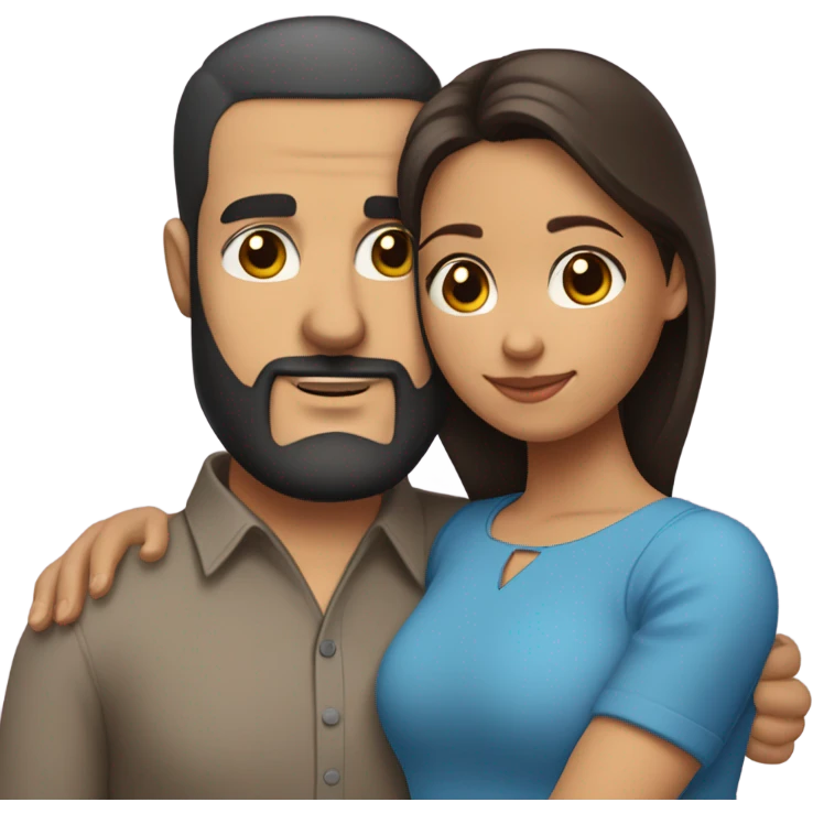 Comforting hug from brunette Puerto Rican with dark brown eyes wearing a cute blue blouse to short, bald man with brown eyes and a beard emoji