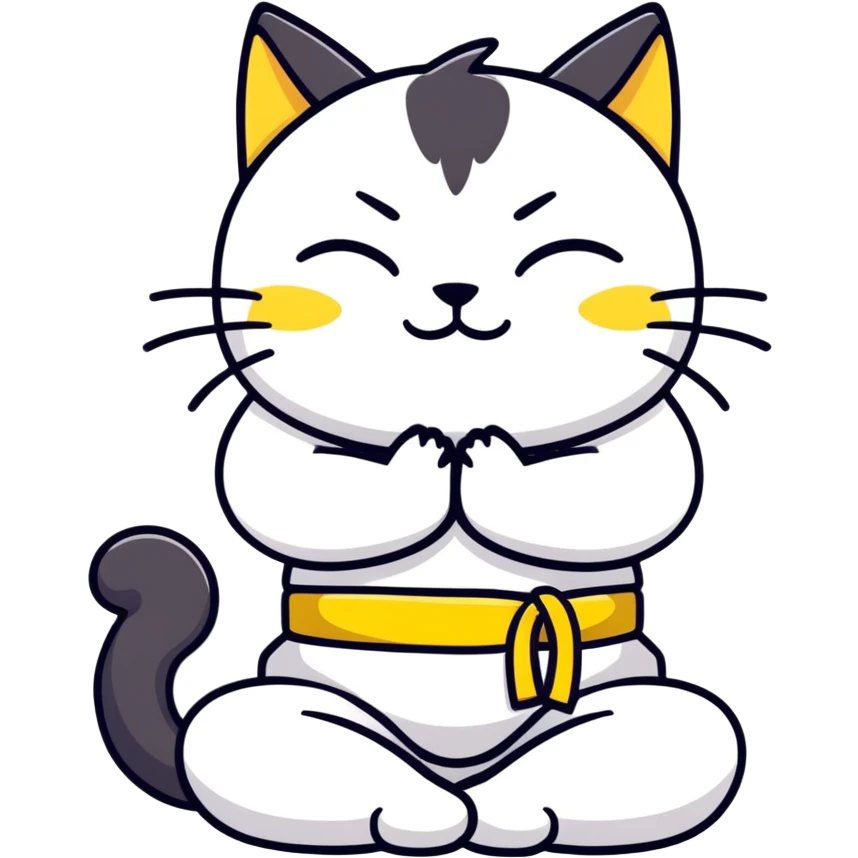 Generate a black cat in a yoga sitting position, hands clapped in front of him with it’s head slightly bent forwards eyes closed, wearing an all white kung fu uniform with a yellow belt emoji