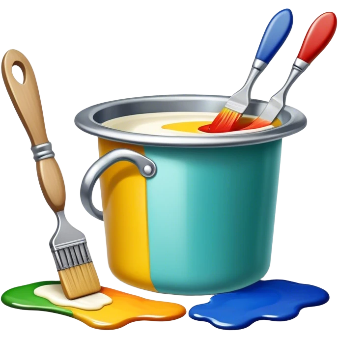 Enamel on metal icon, metal surface with vibrant enamel coatings, visible process of applying enamel with fine brush strokes, colorful enamel layers on metal, tools like paintbrush and enamel pots, no finished artwork, just the enameling process, minimalistic style, clean lines, transparent background. emoji