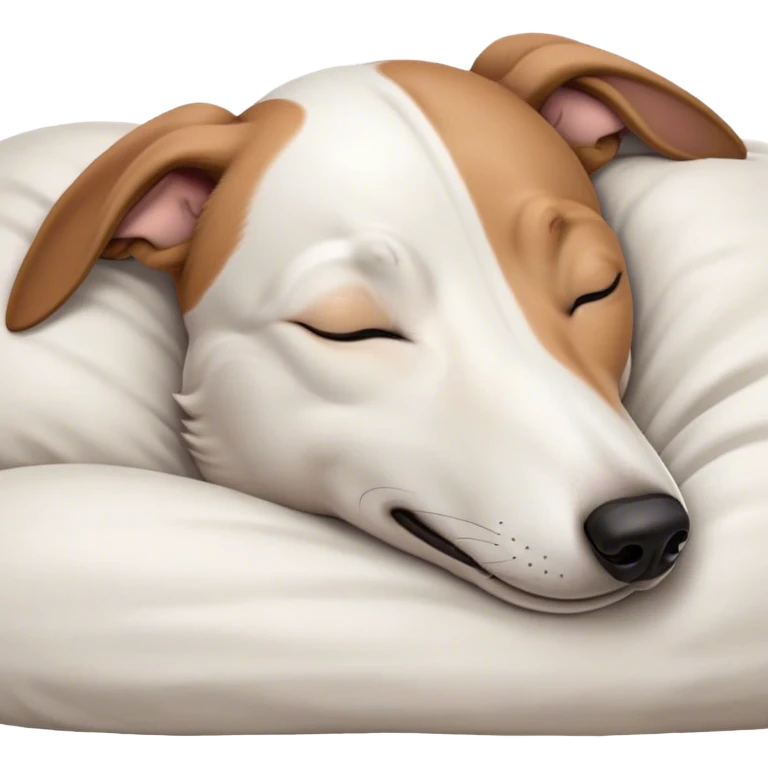 Meme-Worthy Cute Sleeping White and Brown Greyhound Portrait Emoji, Head resting peacefully with a contented smile, showcasing a lean, graceful build and a luxuriously smooth Fur of white with brown accents, eyes shut in a serene nap, Simplified yet hilariously adorable features, highly detailed, glowing with a soft, drowsy light, high shine, relaxed and utterly lovable, stylized with an air of playful laziness, bright and heartwarming, soft glowing outline, capturing the essence of a comically sleepy racer, so meme-worthy it feels like it could instantly become the next viral sensation of adorable slumber! emoji