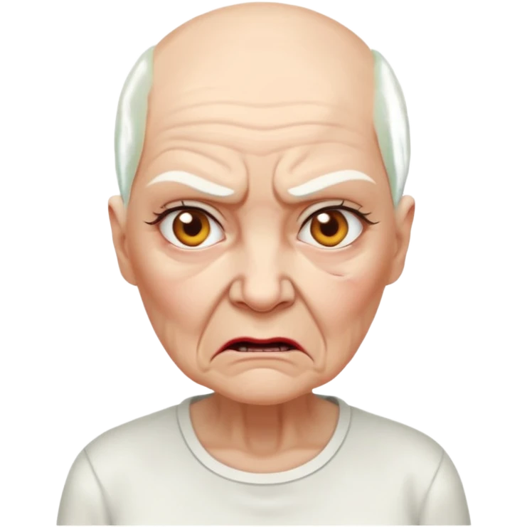 a portrait of angry elderly woman, bald head, wearing shirt emoji