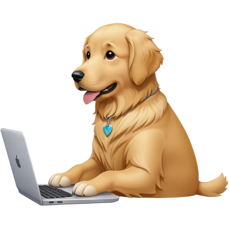 Golden retriever, dog typing at laptop emoji