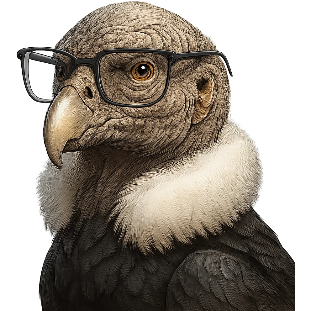 a condor wearing intelligent glasses, detailed, expressive, confident and wise expression emoji