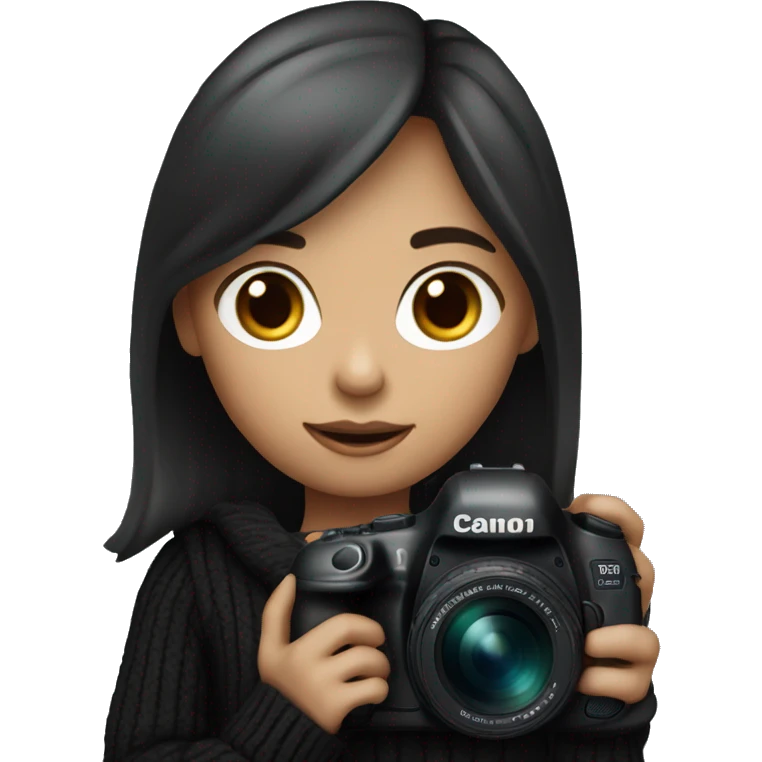 Female photographer with short,beige skin, dark hair, wearing a black sweater, holding a Canon 5D Mark IV camera with an 85mm lens.  emoji