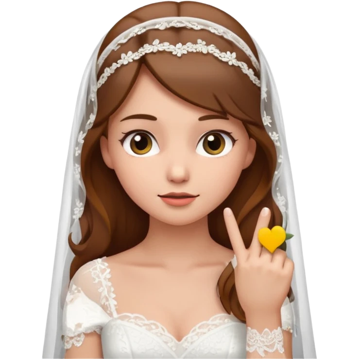 brown-haired bride in a white wedding dress and veil, curious expression, pointing to her head with her index finger, cute emoji style. emoji