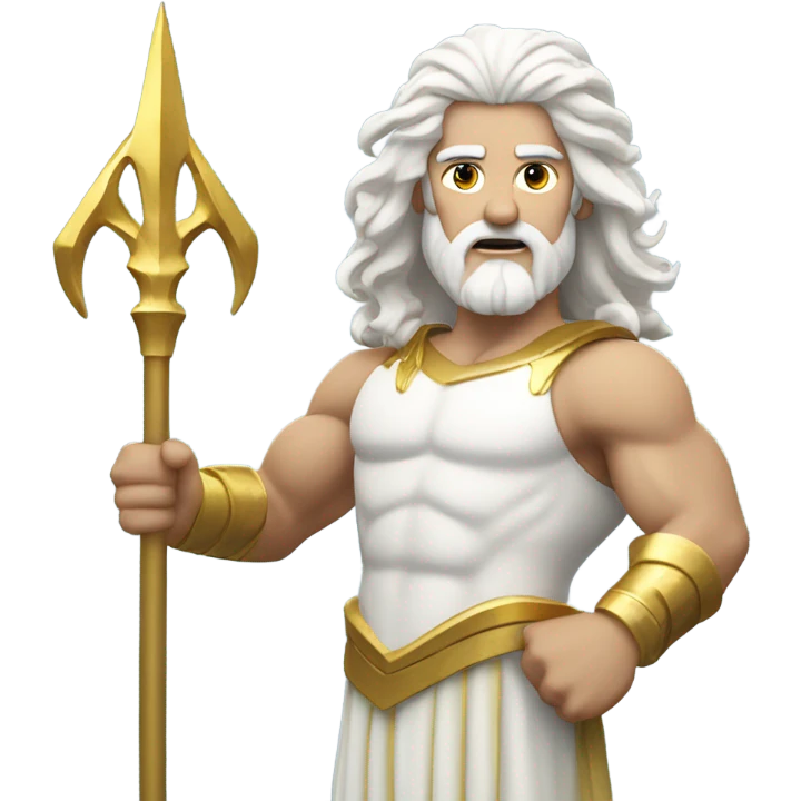 white Poseidon with gold Trident. long white hair white dress. show biceps muscle emoji
