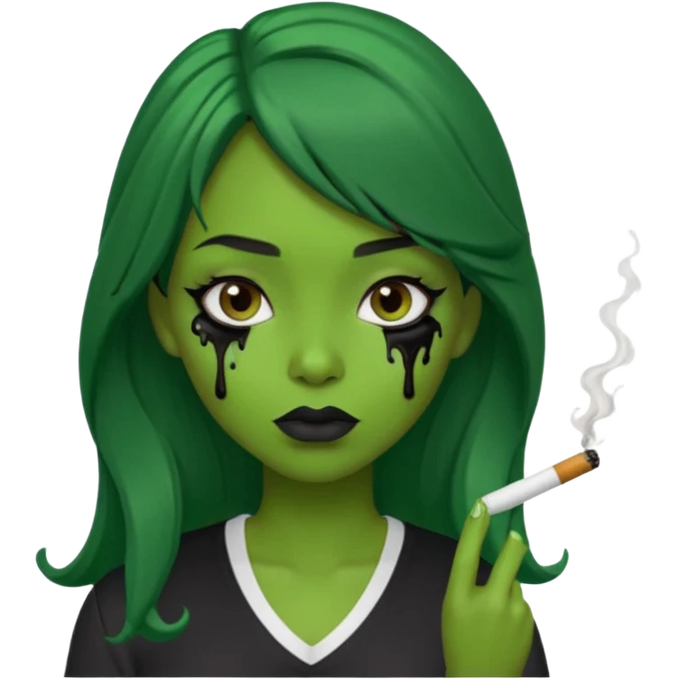 {
  "prompt": "3D cartoon-style green-skinned girl with long brown hair and a side-swept bang. Large brown eyes with black dripping makeup, white V-neck shirt, cigarette in her mouth, dark background. Same proportions and style as the original description.",
  "size": "1024x1024"
} emoji