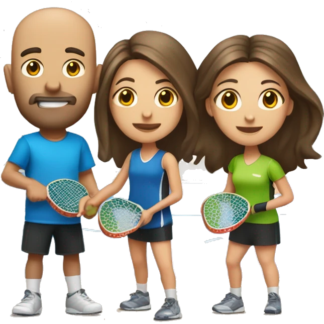 4 Caucasian people playing pickleball with 1 tall bald male, 1 shorter brown hair male, 1 girl with long brown hair, 1 girl  with brown hair emoji