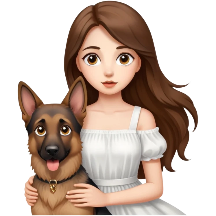 A beautiful girl with big eyes, fair skin, long brown hair with white dress and a German Shepherd dog emoji