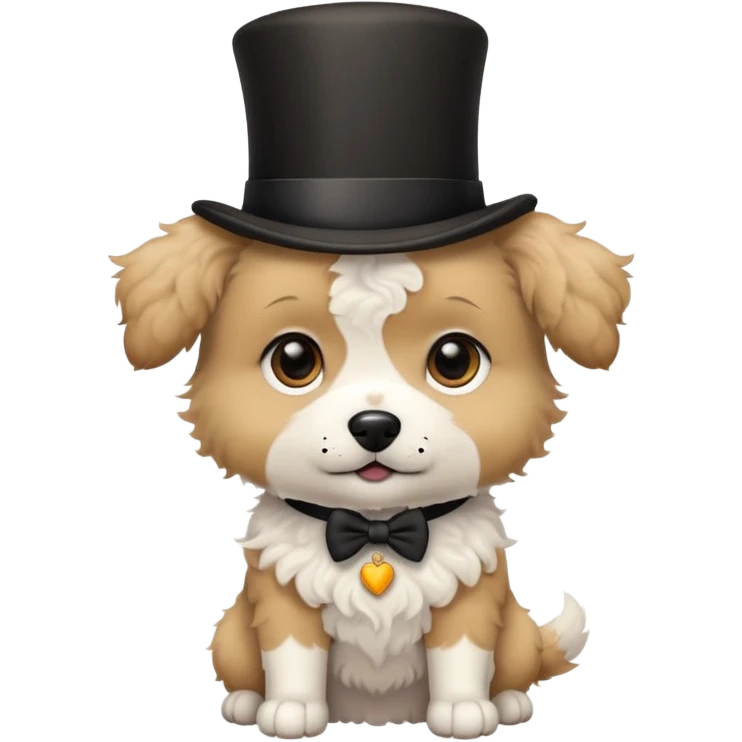 cute small tan and white dog with black nose, black round eyes, curly fluffy medium length hair, wearing a top hat emoji
