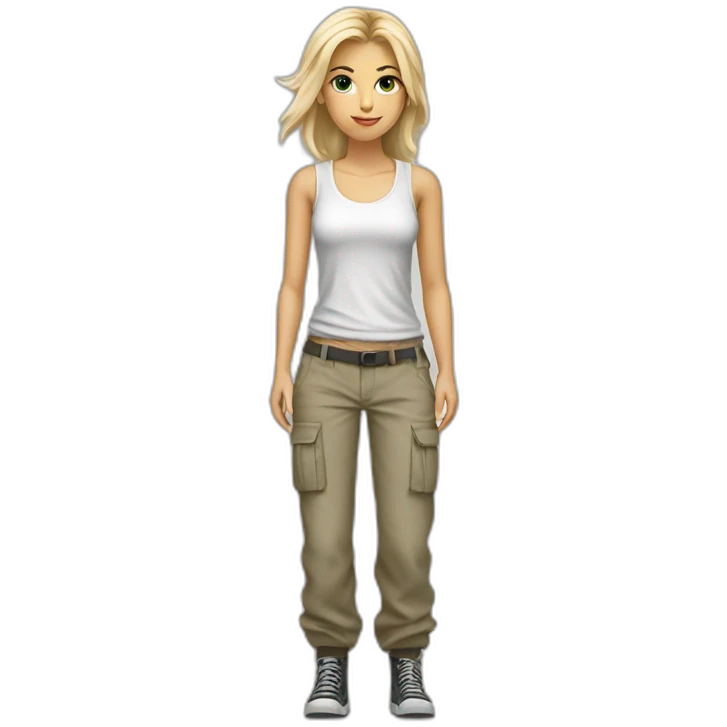 full body white blonde girl with baggy cargo pants, white tank top and tie emoji