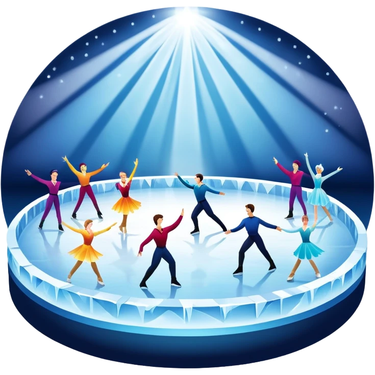 An icon of a theatrical ice show with close-up costumed figure skaters performing a dramatic scene on a glowing ice stage. Spotlights, colorful scenery, and a cheering audience in a grand arena convey the magic and artistry of the ice performance. Transparent background included. emoji
