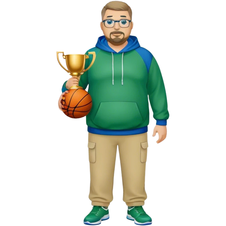full body white obese male basketball coach with trophy. Goatee , Wearing glasses and blue and green hoodie and khaki pants emoji