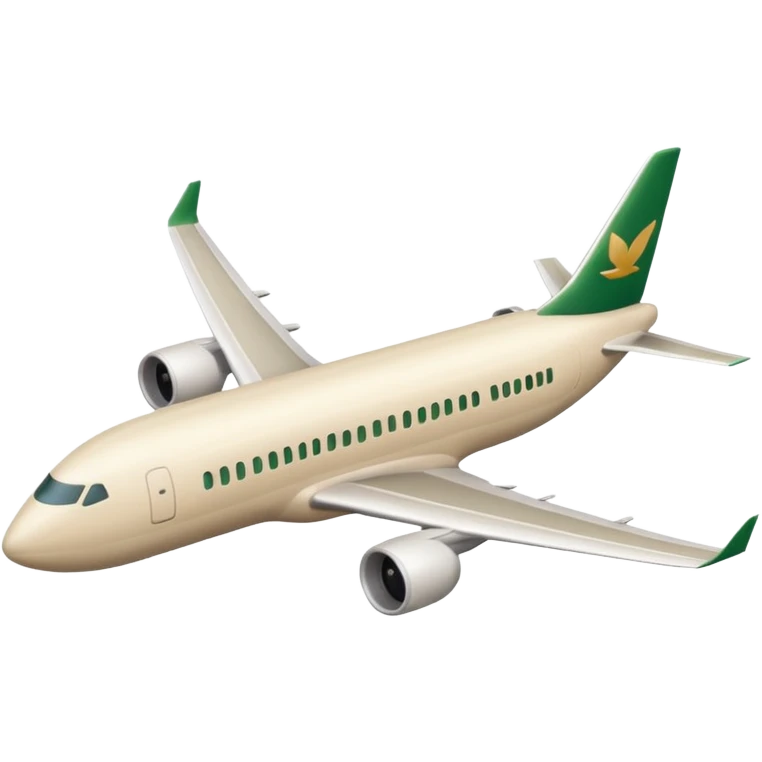 long light beige passenger airplane with dark green logo on wing, emoji style emoji