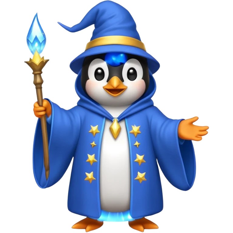 penguin wizard casting a spell with sparkles and a blue robe, emoji style emoji