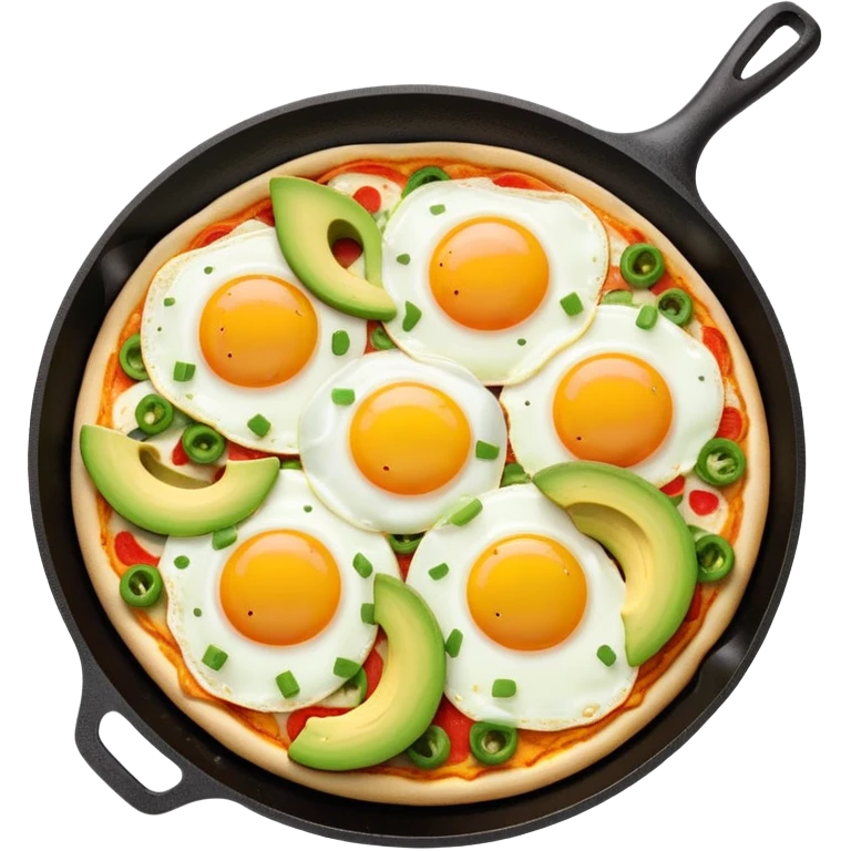 A breakfast skillet with melted cheese, pizza toppings, sliced avocado, and a fried egg on top emoji