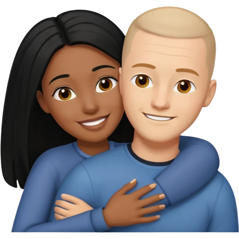 black woman with long hair hugging white man with brown buzz cut. young couple  emoji