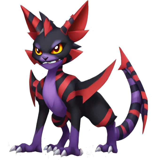 Black-Red-Purple Anthro Cool Punk Noivern-Litten-Fakemon-fursona with fangs and stripes Full Body emoji