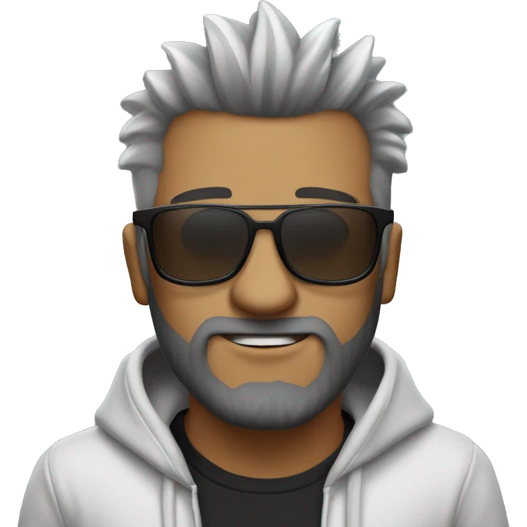 hombre blanco con pelo negro mohawk muy corto con hoodie gris y barba de dos dias y lentes emoji