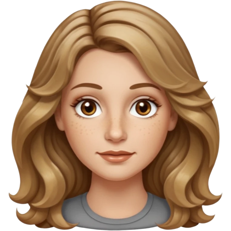 long dark Blond with highlights wavy hair white women, oval shape face hazel eyes long lashes little bit of freckles on the nose high cheek bones emoji