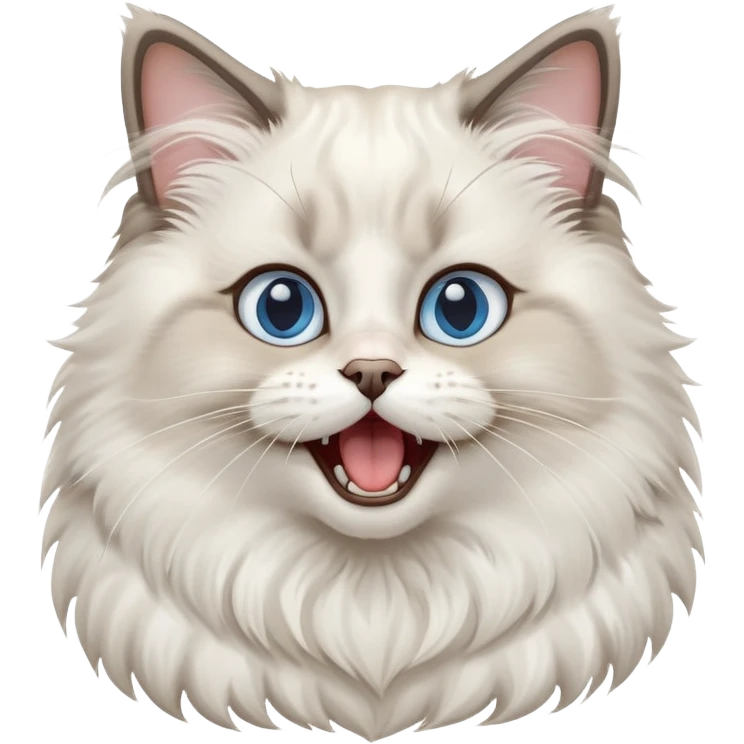cinematic-adorable-big-eyed-fluffy-ragdoll-cat-portrait-emoji,-head-tilted-playfully-with-a-cute,-yawn,-white and grey fur,-simplified-yet-irresistibly-cute-features, blue eyes emoji
